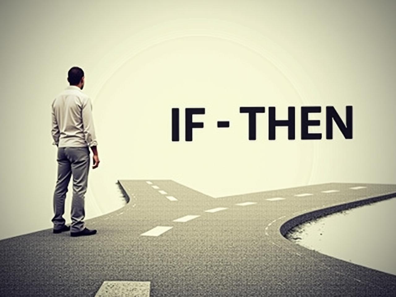 A person standing at a crossroads, symbolizing the decision between giving in to temptation and following a planned course of action. The words IF and THEN are subtly incorporated into the image, representing the If-Then planning strategy.