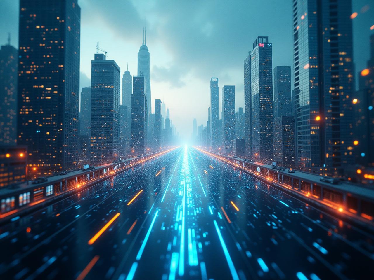 Futuristic cityscape with abstract technology patterns and digital data streams, representing the convergence of technology and urban life as described in the book Abundance by Peter Diamandis and Steven Kotler. The image conveys optimism, innovation, and the potential for technology to solve global challenges.