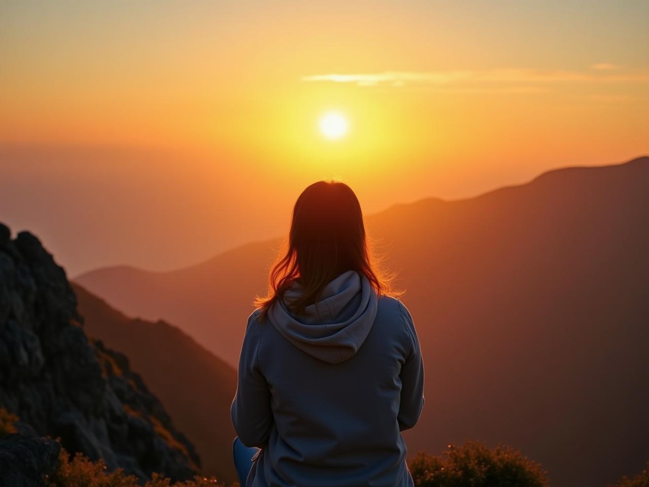 A person looking at a sunrise over a mountain, symbolizing hope and resilience, with the book Learned Optimism by Martin Seligman in the foreground.