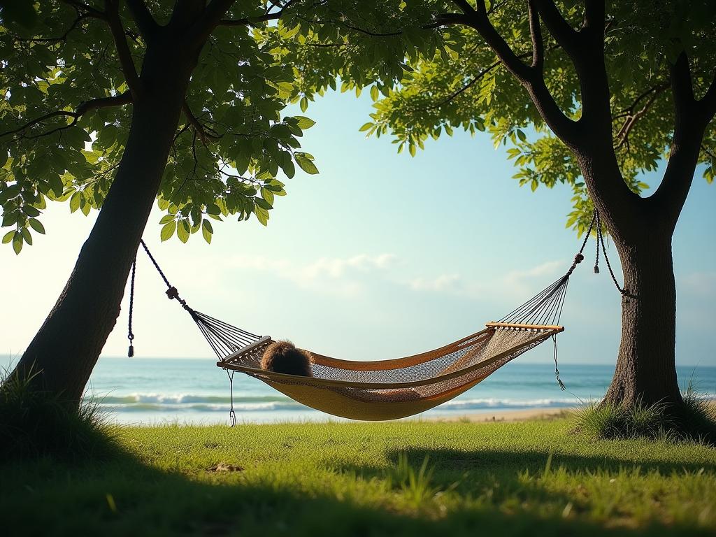 A serene landscape with a hammock hanging between two trees, representing relaxation and the balance between work and rest.
