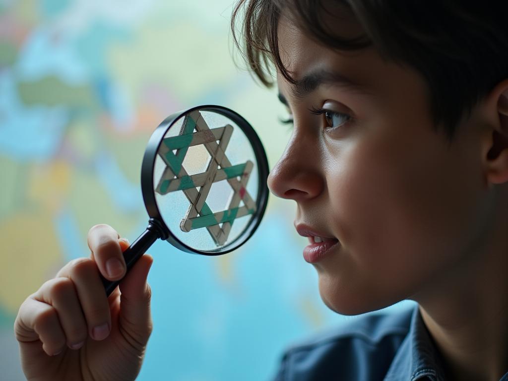 A person looking through a magnifying glass at a puzzle piece, symbolizing creative focus and problem-solving.