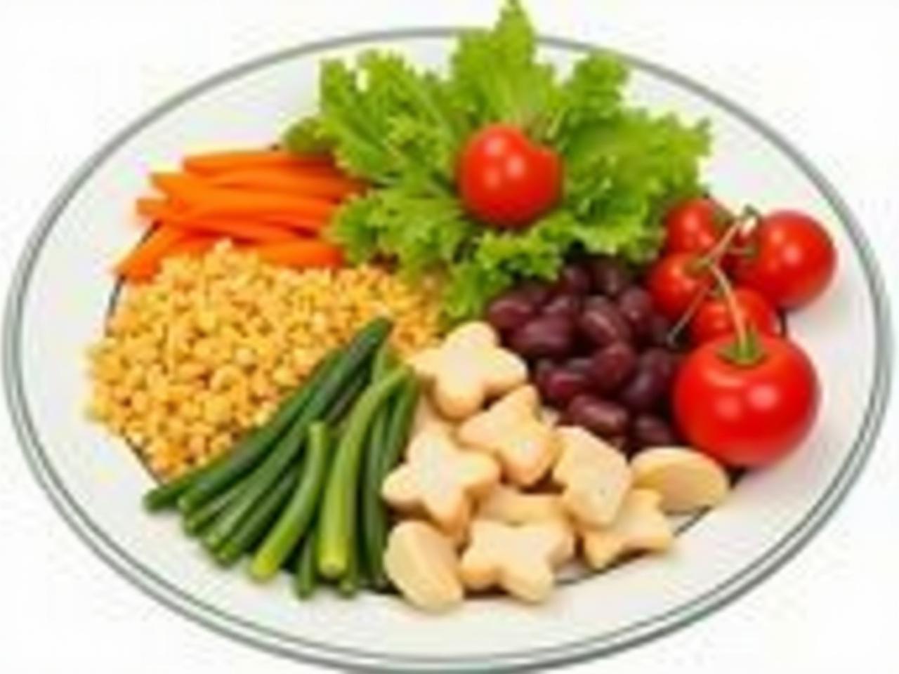 A colorful plate filled with a variety of fresh vegetables, whole grains, and lean protein, representing a healthy and balanced meal.