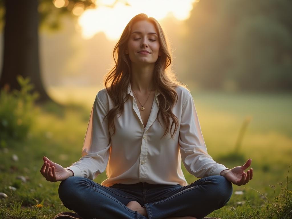 A person meditating with a calm and peaceful expression, symbolizing emotional awareness and self-control. The background is a serene nature scene.