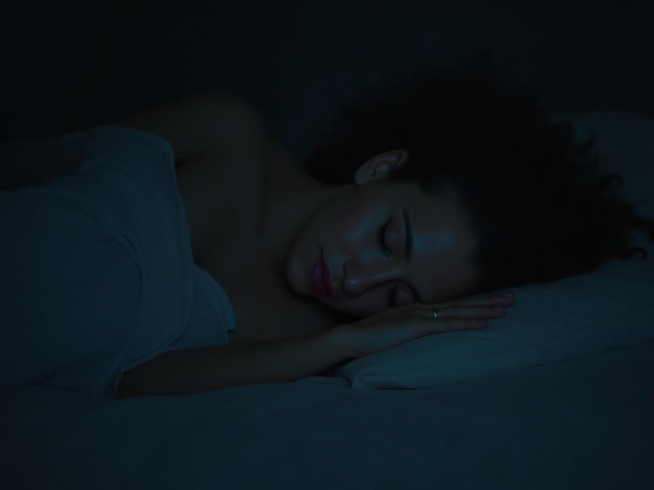 Woman sleeping peacefully in a dark and quiet room, representing the concept of quality sleep.