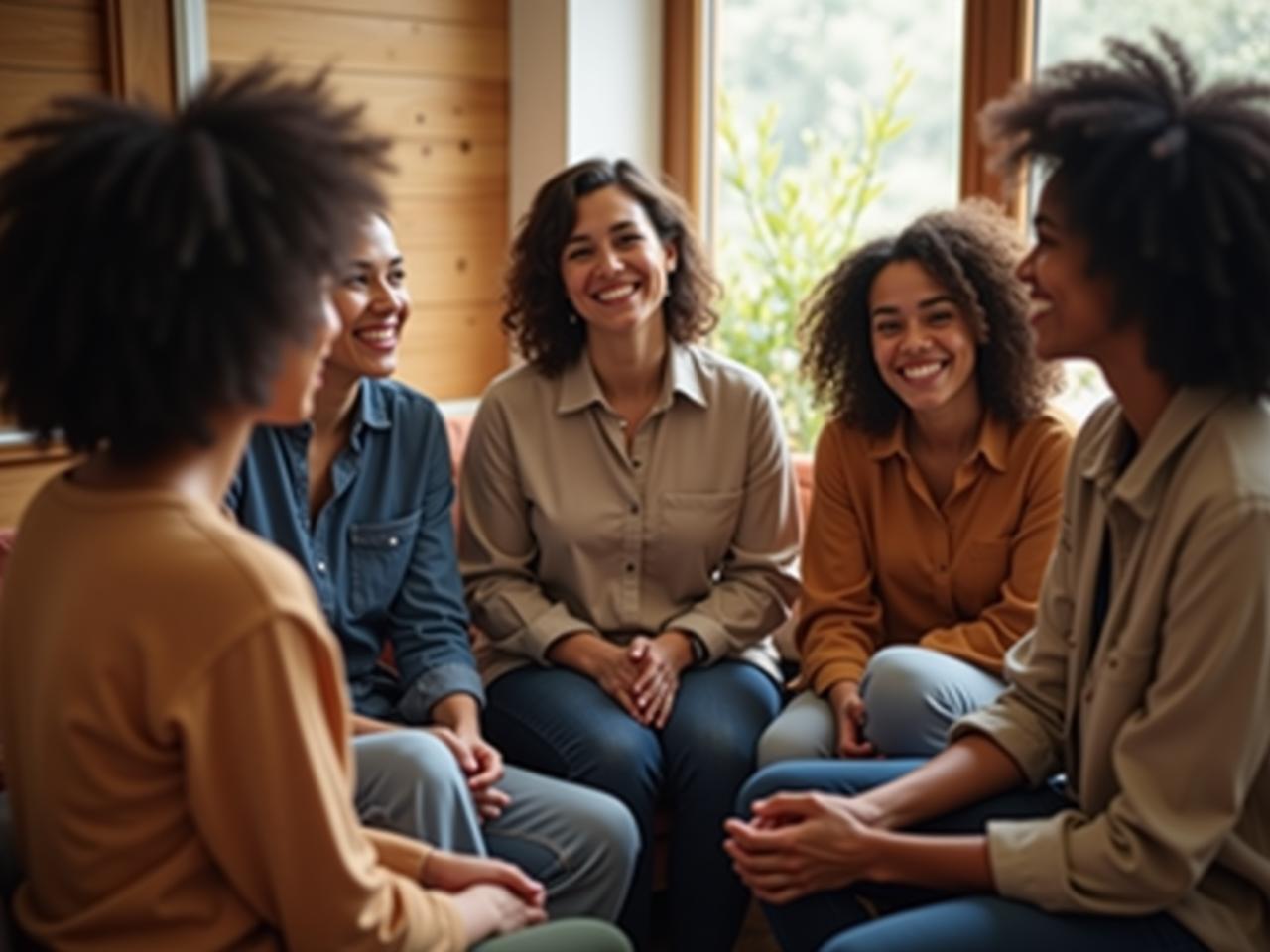 A group of diverse people sitting in a circle, facing each other and smiling, symbolizing connection and understanding through communication. The background is a blurred, warm-toned room suggesting a safe and supportive environment.
