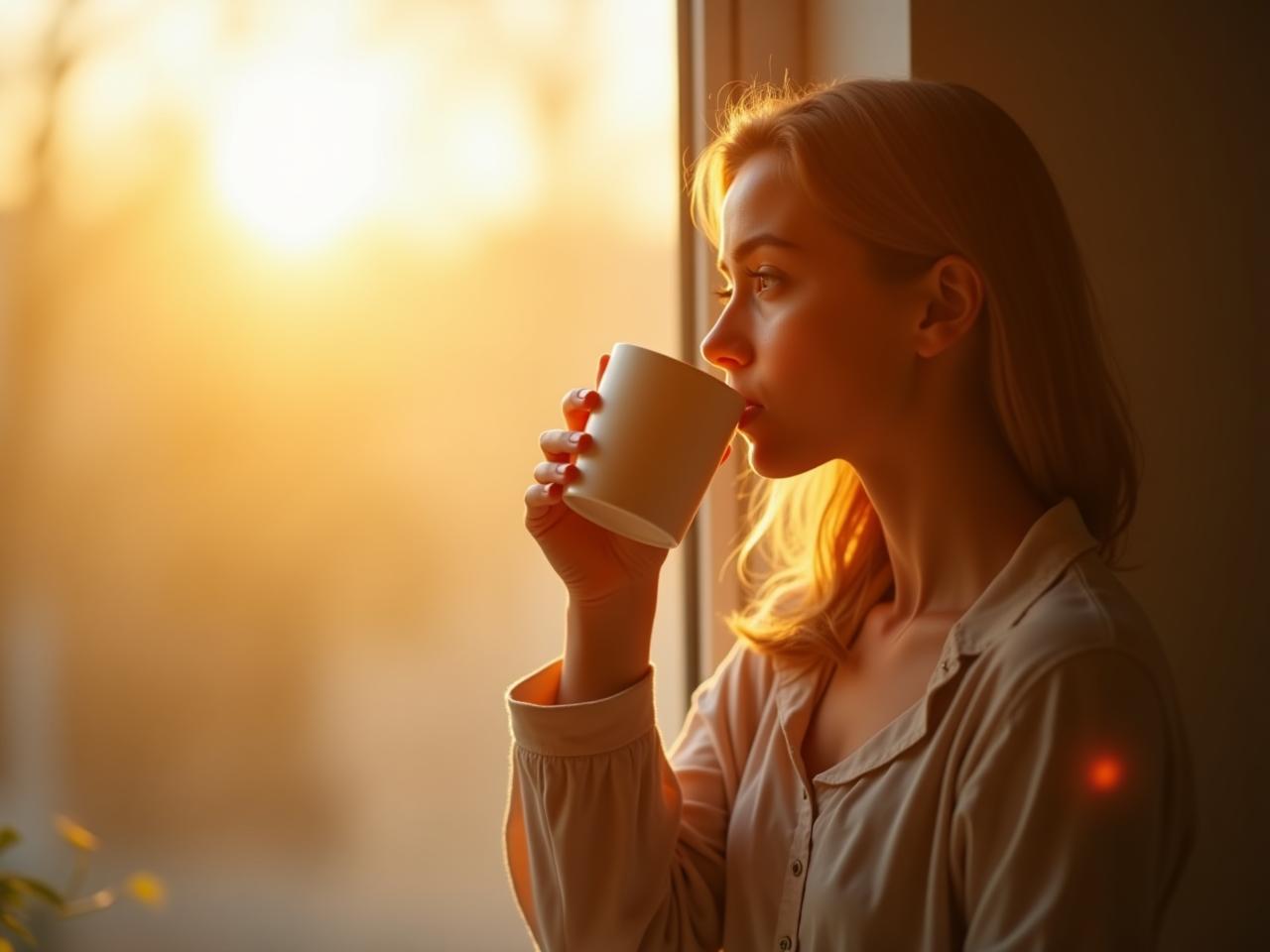 Person enjoying sunlight in the morning while drinking coffee, representing a good sleep routine based on the book Sleep Smarter by Shawn Stevenson.