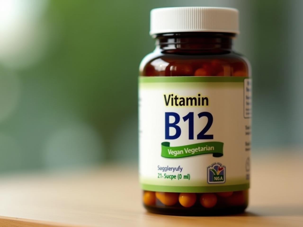 Close-up photo of a bottle of Vitamin B12 supplements, with emphasis on the label B12 and the words Vegan and Vegetarian.