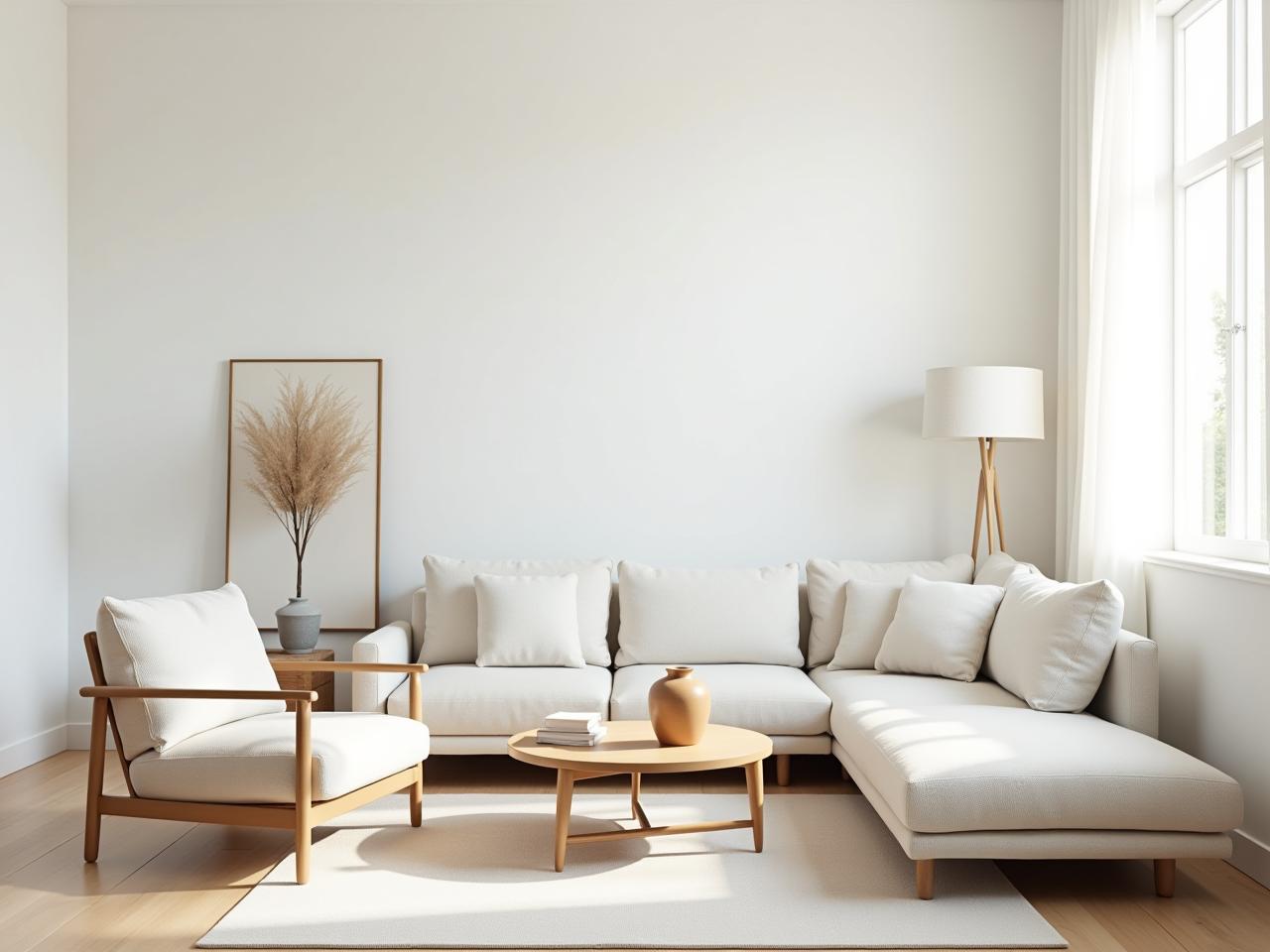 A minimalist living room with a few carefully chosen items, creating a sense of calm and spaciousness. Keywords: minimalism, decluttering, living room, Joshua Becker, Less is More, simplicity, peaceful, clean.