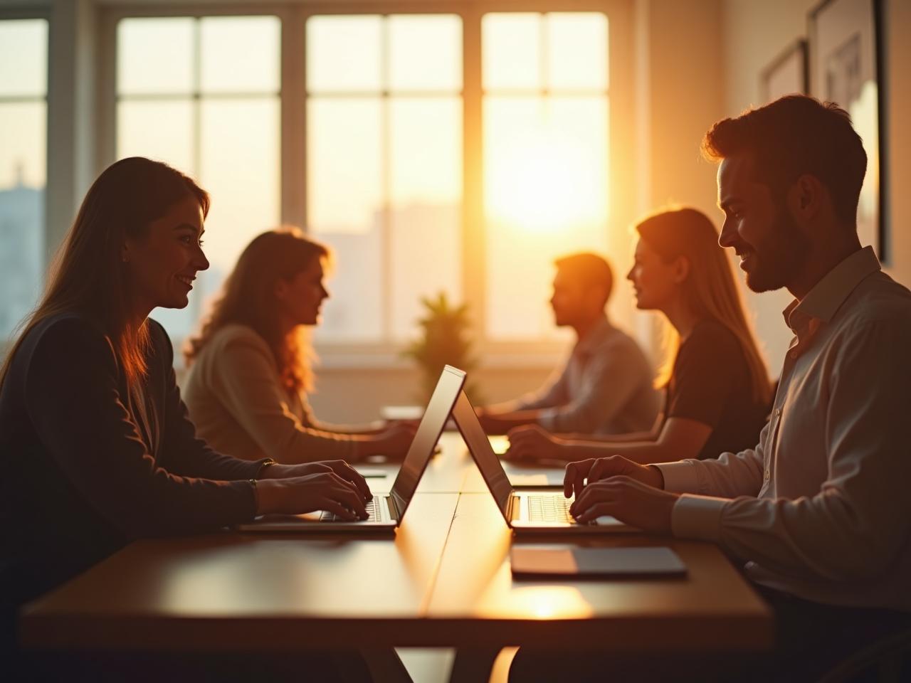 An image depicting people working collaboratively in a sunny, open office space, symbolizing trust and teamwork.
