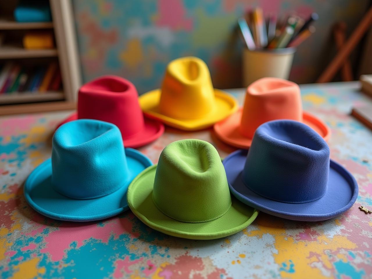 Six colorful hats, each representing a different mode of thinking, arranged in a circle to symbolize the Six Thinking Hats method by Edward de Bono. The background is a creative and colorful workspace.