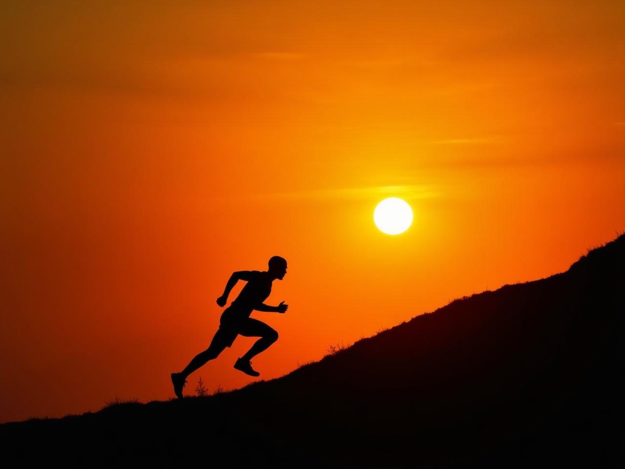 Silhouette of a person running uphill against a sunset, symbolizing resilience and overcoming challenges. David Goggins Never Finished.