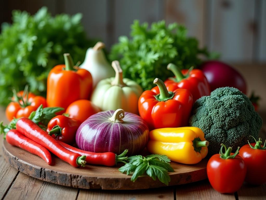 A colorful variety of fresh, non-starchy vegetables arranged on a wooden table, showcasing the core principle of Dr. Joel Fuhrmans Eat to Live philosophy.