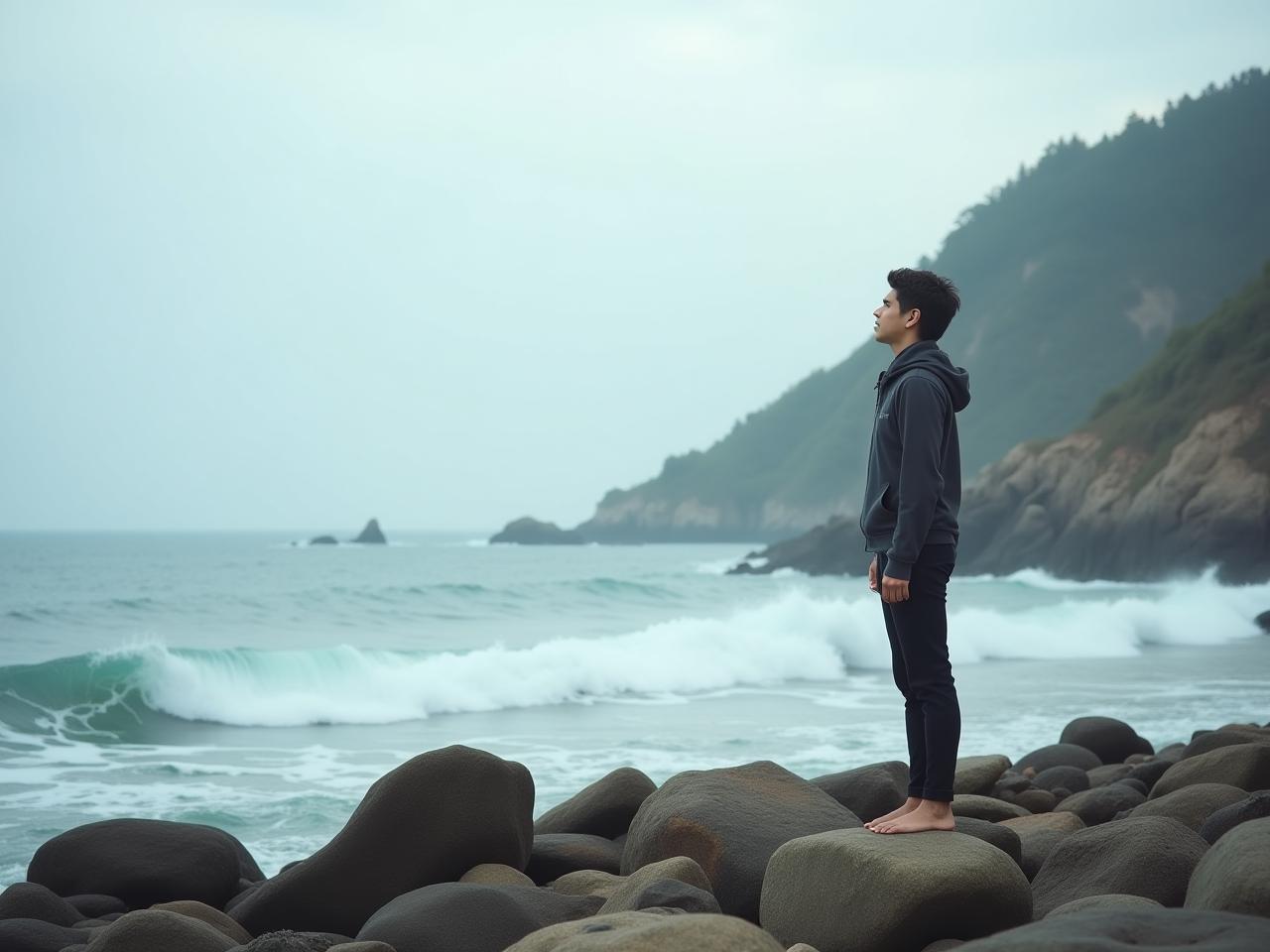 A person standing on a rocky beach, looking out at the ocean with a calm and peaceful expression, symbolizing emotional resilience and the ability to navigate lifes challenges.