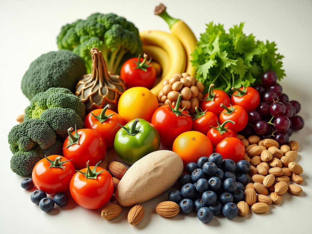 A colorful spread of whole foods including fruits, vegetables, nuts, and legumes, symbolizing a healthy and balanced diet.