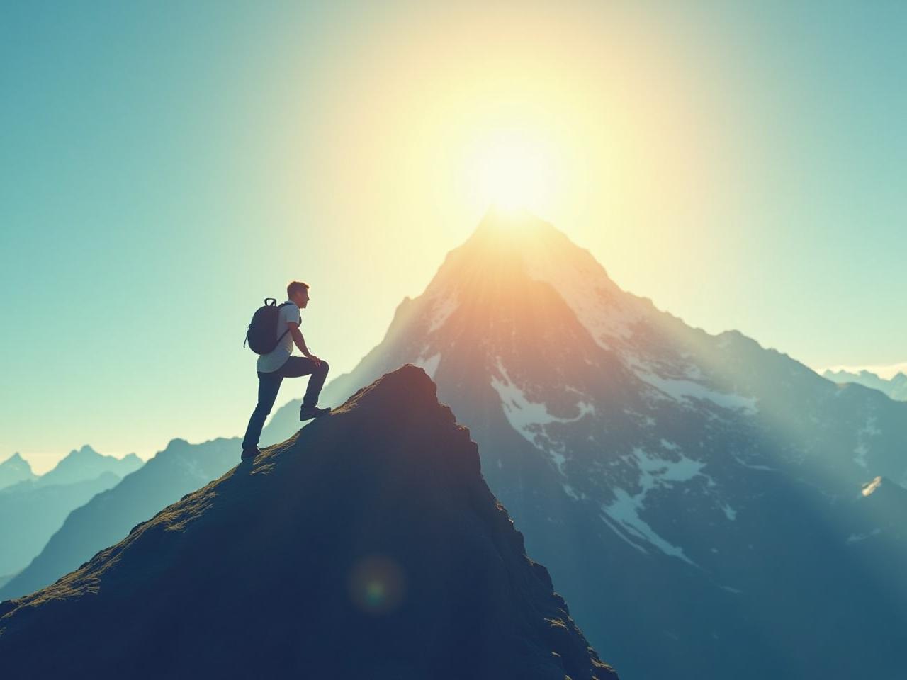 A person climbing a mountain towards a bright, sunny peak. The image represents achieving goals and the power of vision.