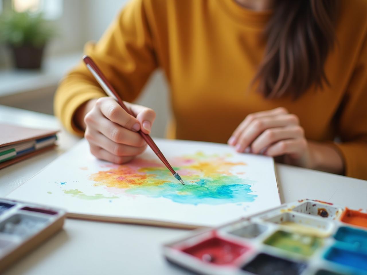 A person sitting at a table, painting with watercolors in a notebook. The scene is bright and colorful, with art supplies scattered around, conveying a sense of creativity and freedom.
