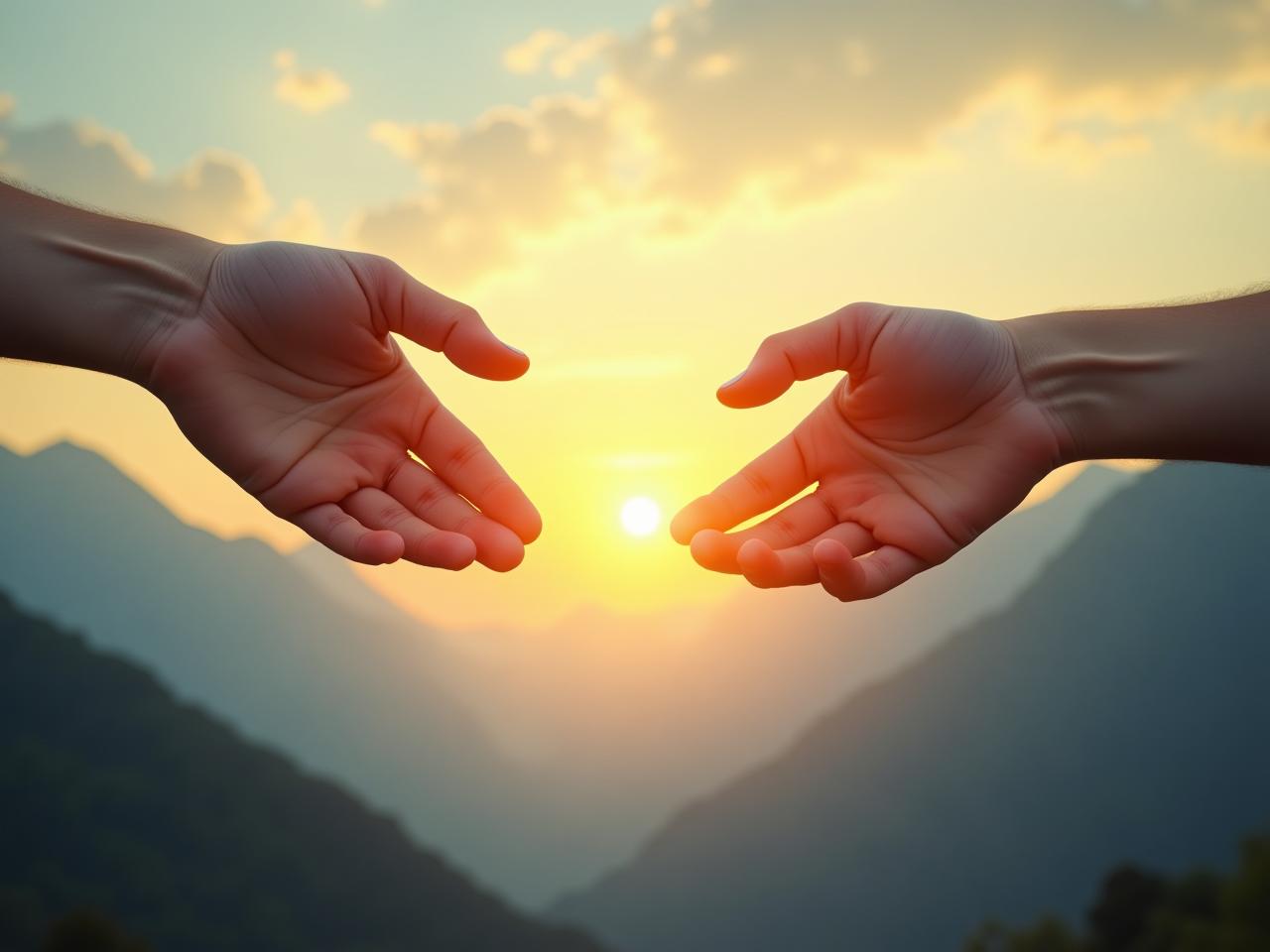 Two hands reaching out to each other to create a bridge. In the background, a sun rises above two mountains.