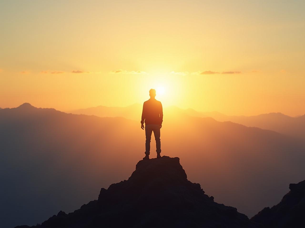 A person standing on a mountaintop, looking towards a bright sunrise, symbolizing leadership, vision, and potential.