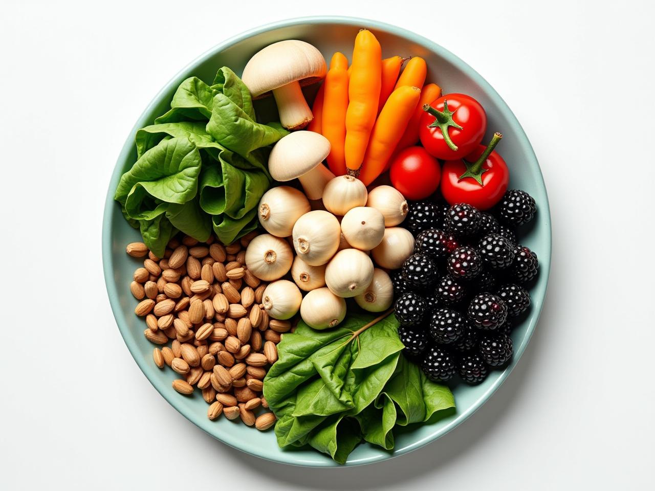 A colorful plate filled with G-BOMBS foods: green vegetables, mushrooms, onions, berries, seeds, and beans.  Healthy plant-based diet concept.