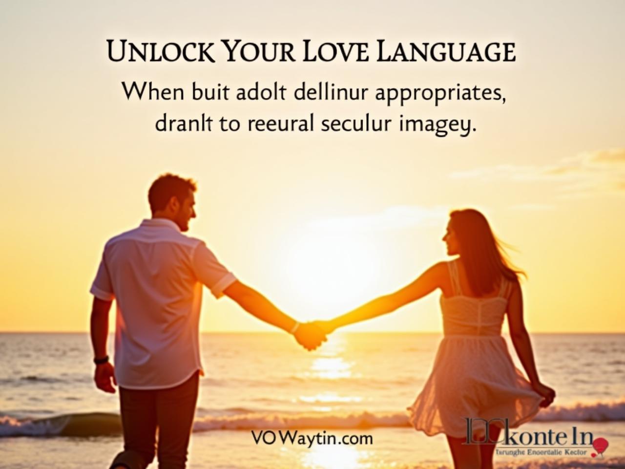 A couple holding hands while walking on a beach at sunset, symbolizing love and connection. The text overlay reads Unlock Your Love Language with the book title and author.