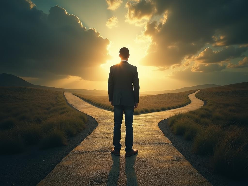 A person standing at a crossroads, symbolizing the choice between continuing with bad habits or creating new, positive ones. The path leading to bad habits is dark and winding, while the path to good habits is bright and straight. The Power of Habit book cover is subtly placed in the background.