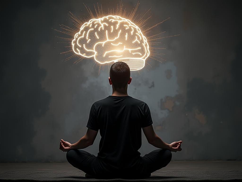 A person meditating with a brain graphic overlayed, representing the concept of rewiring the brain.