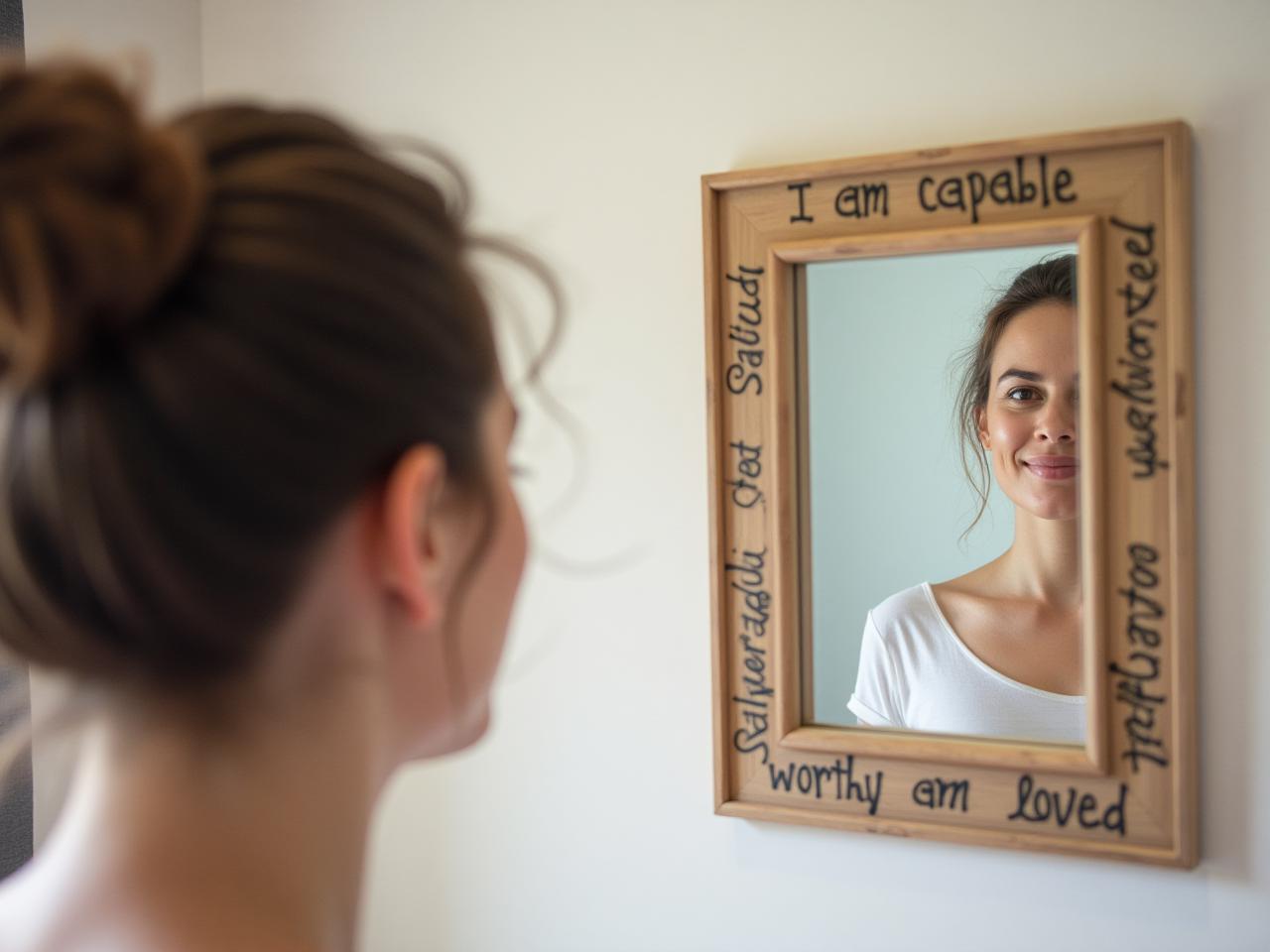 A person looking in a mirror, seeing a positive reflection instead of a negative one. The mirror frame is decorated with affirmations like I am capable, I am worthy, and I am loved.
