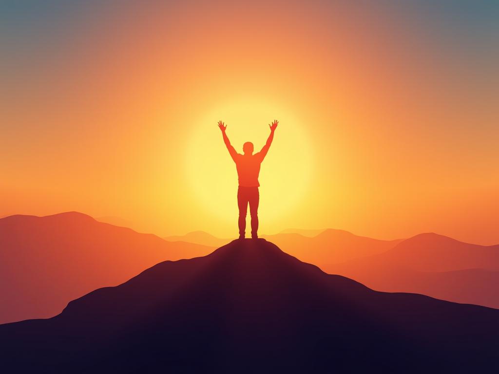 A person standing on a mountaintop with arms raised in victory, symbolizing confidence and achievement. The background is a colorful sunrise.