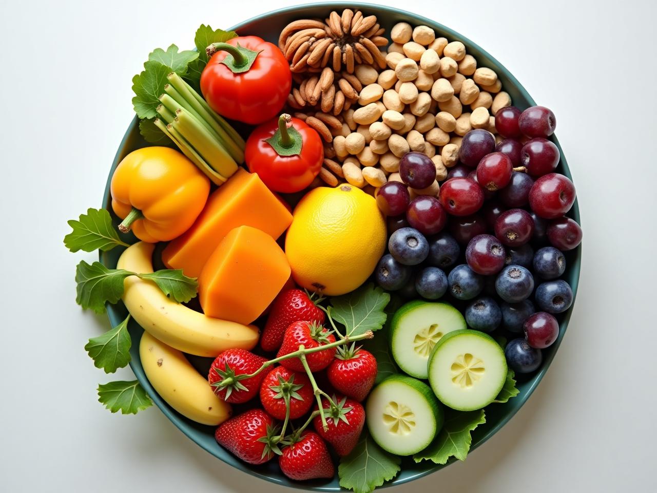 A colorful and vibrant plate of anti-inflammatory foods, including fruits, vegetables, nuts, and healthy fats, symbolizing the power of nutrition in pain management.