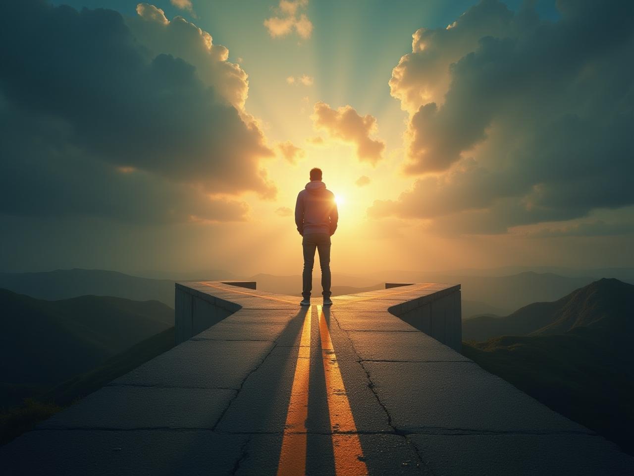 A person standing at a crossroads, symbolizing the decision points in life that can lead to change. The image emphasizes the flashpoints concept, with a subtle glow around one path indicating a potential turning point.