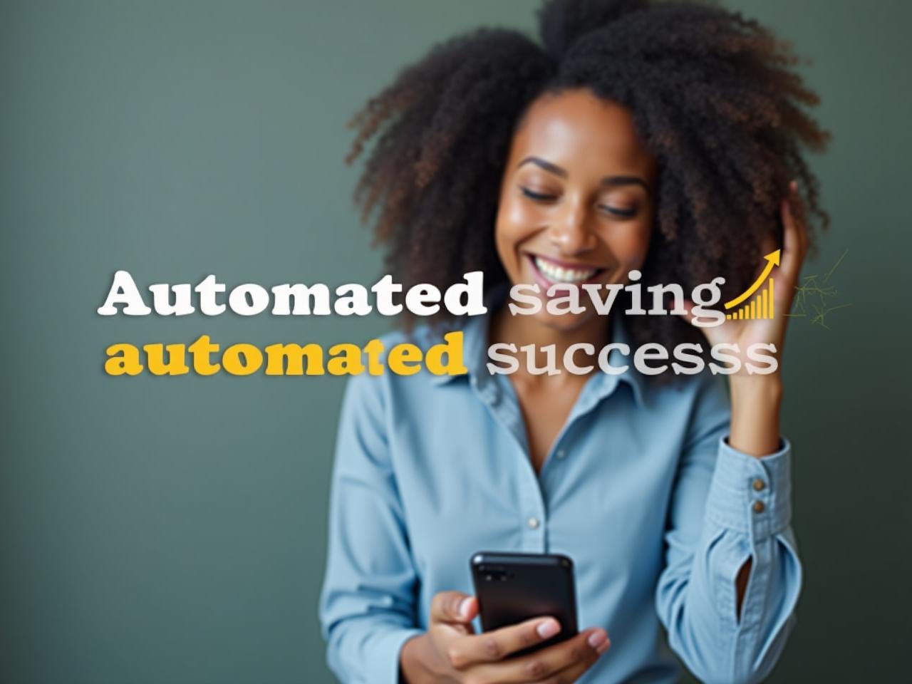 Image of a happy person looking at their phone with a graph showing increasing financial growth. Text overlay: Automated saving, automated success.