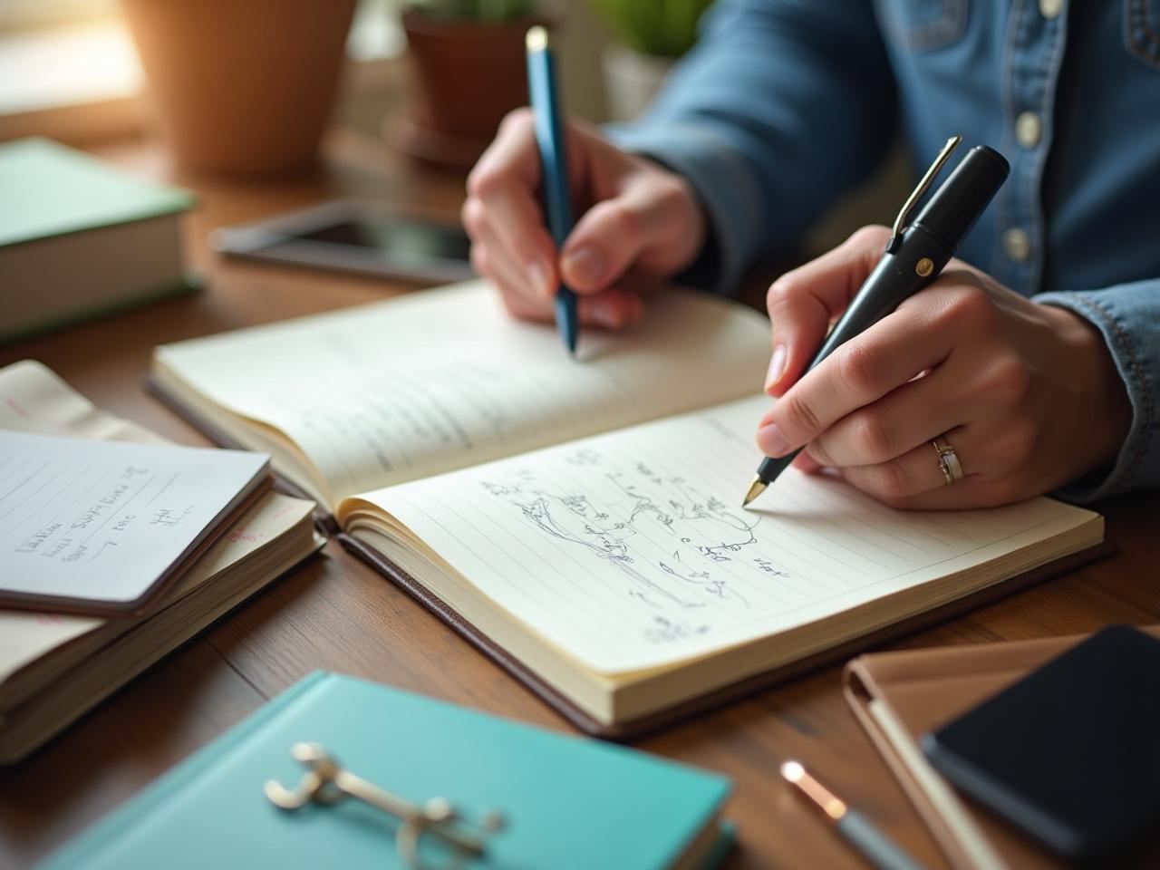 A person writing in a notebook, surrounded by books and creative tools, representing the concept of a collection notebook for creative ideas.
