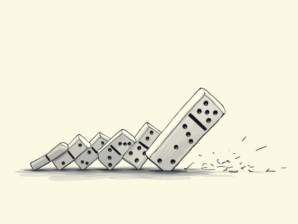 Domino effect illustration, with a single domino tile knocking over a series of others, representing the power of focused action. The title The Domino Effect: How Essentialism Can Help You Achieve More by Doing Less is superimposed on the image.