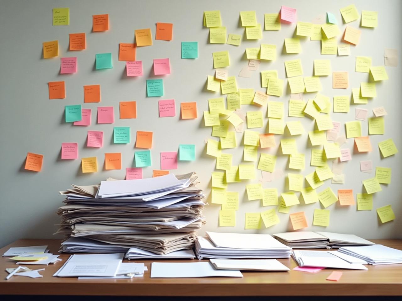 A cluttered desk overflowing with papers and sticky notes, contrasted with a clean and organized workspace, symbolizing the benefits of focused attention and deliberate prioritization.