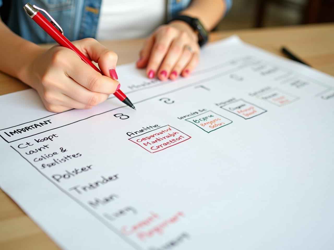 A person organizing their tasks and calendar, prioritizing important items over urgent ones, illustrating the concept of putting first things first from The 7 Habits of Highly Effective People by Stephen Covey.