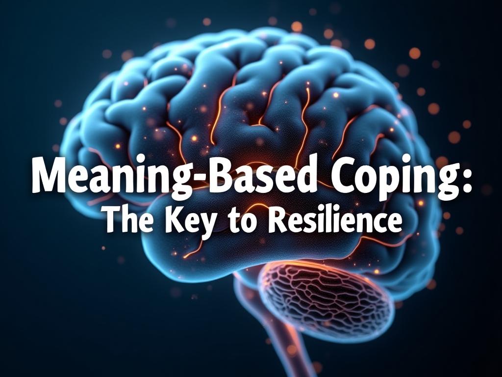 Close-up of a brain with interconnected pathways, symbolizing the connection between mind and body. Overlay text: Meaning-Based Coping: The Key to Resilience by Richard Davidson.