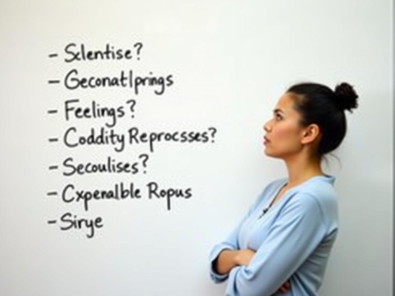 A person looking thoughtfully at a list of emotions on a whiteboard, representing the process of identifying and expressing feelings in Nonviolent Communication (NVC).