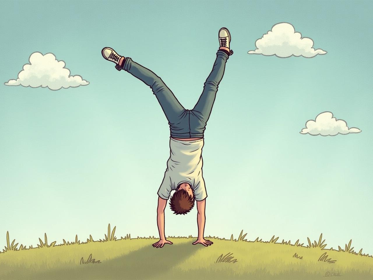 A person standing on their head looking at the world from a different perspective, symbolizing Turn the Problem Around thinking technique from Edward de Bonos Lateral Thinking book.
