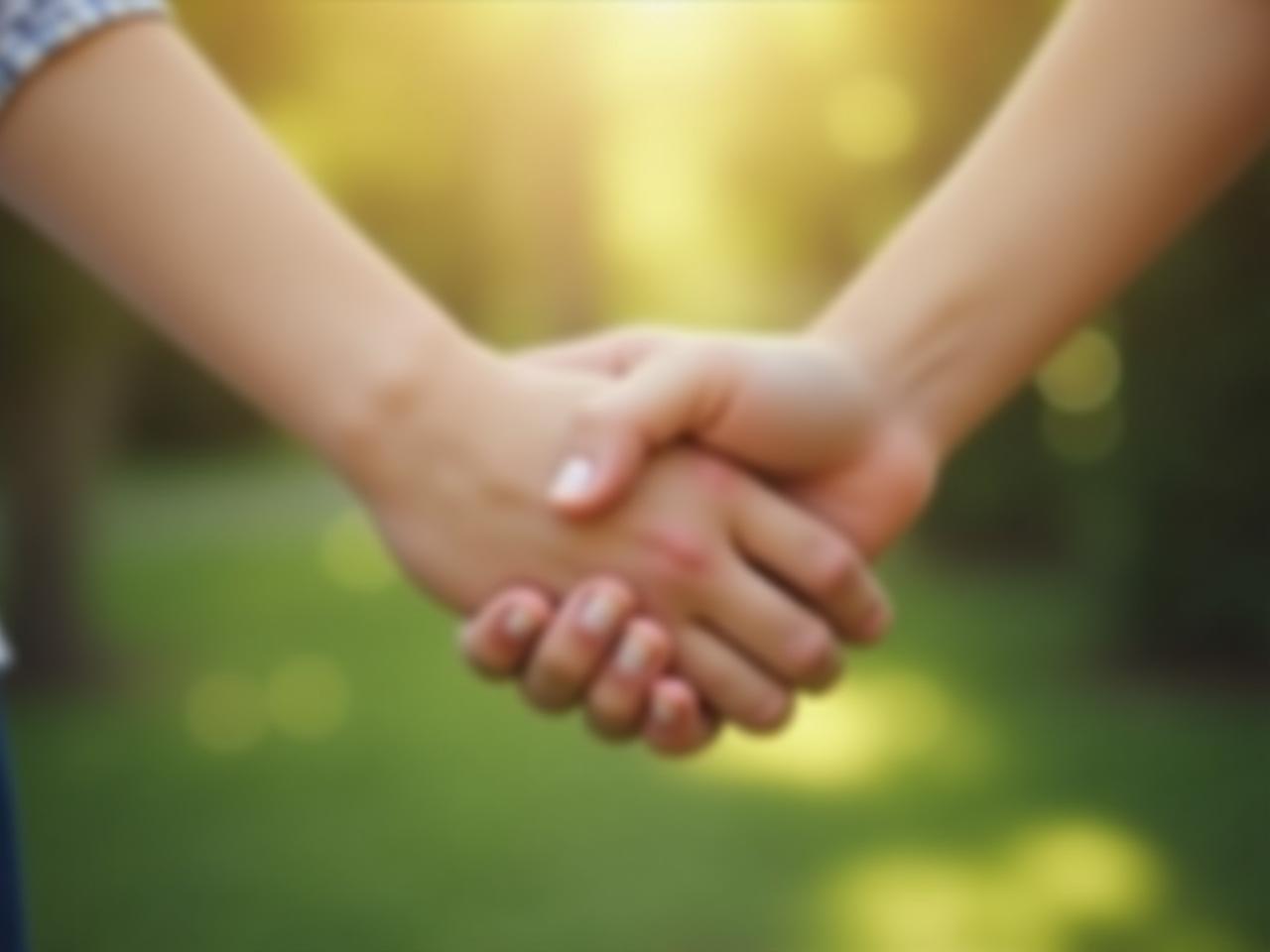 A close-up image of two people holding hands, symbolizing connection and empathy, with a blurred background of a peaceful garden.