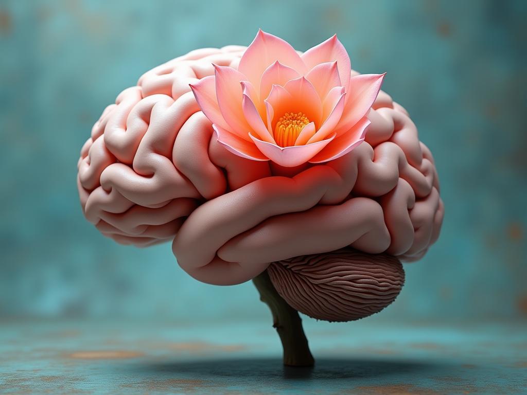 Brain shaped like a blooming flower, representing neuroplasticity and growth mindset.