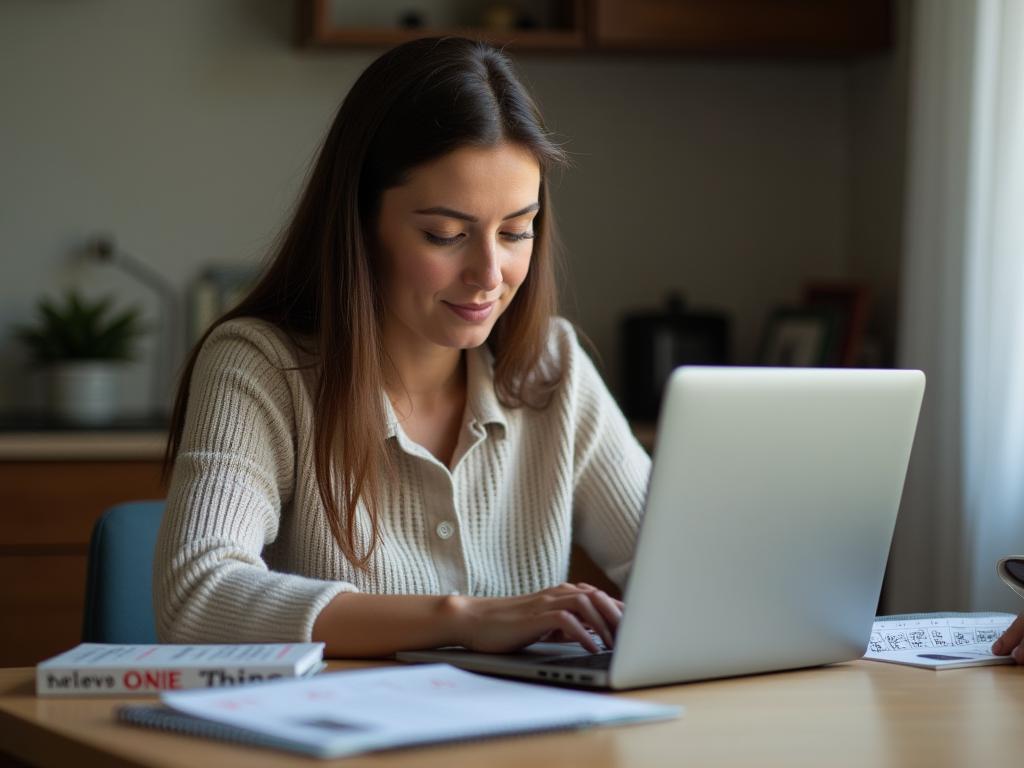 Woman peacefully working on her laptop, focused on a single task, with a calendar and a book titled The ONE Thing in the background.