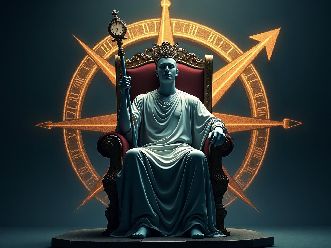 A person sitting on a throne, holding a clock as a scepter, symbolizing control over time. The background is a stylized, digital compass, pointing towards Meaning.