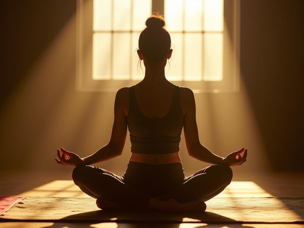 Person meditating in a peaceful setting, with sunlight streaming through a window. Keywords: meditation, mindfulness, willpower, peace, focus.